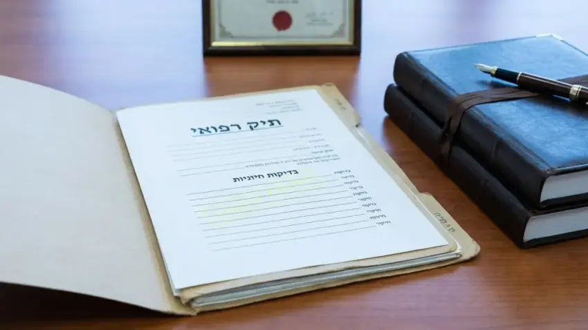 תיק רפואי פתוח על שולחן משרדי, המכיל מסמכים וטופס בדיקות חיוניות.
